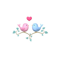 A charming scene features two cartoon lovebirds, one pink and one blue, perched on a vine shaped like a heart, transparent background