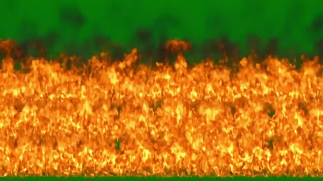 Animated fire wall with smoke on green screen background for visual effects