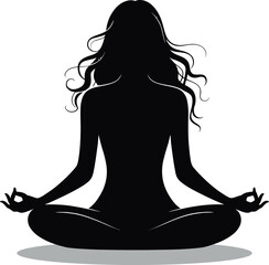 Silhouette of a woman with long flowing hair meditating in a lotus position