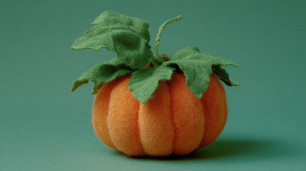 Soft fabric pumpkin with hand sewn leaf collar on green background