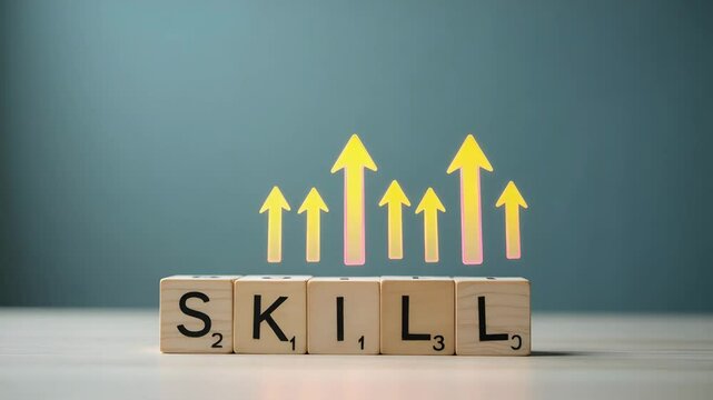 Flat Hand Stacking Holographic Wooden Blocks Spelling 'SKILL' with Magnifying Glass Highlighting Upward Arrows for Personal Growth and Skill Enhancement in Simple Vector Illustration