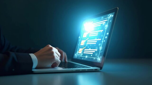 Flat Hand Engaging with Holographic Checklist on Laptop: A Modern Approach to Online Assessment Surveys and Knowledge Quizzes in a Minimalist Vector Illustration