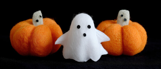 Felt ghost with pumpkins on black background, creating spooky atmosphere