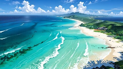 Obraz premium A pristine, secluded beach landscape, with vast stretches of pure white sand extending far, meeting the clear, turquoise ocean water. Gentle waves roll in and out, leaving delicate white foam 