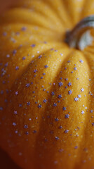 Pumpkin decorated with tiny star shaped glitter, creating festive look