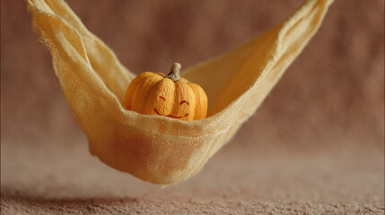Small pumpkin with smile rests in cozy handmade hammock