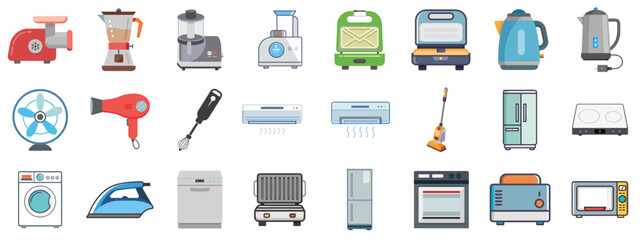 Vector set of household appliances - kitchen gadgets, cleaning tools, and electronic devices. For home-related articles, product catalogs, infographics, and lifestyle content.