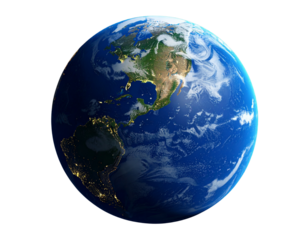 3D Stylized Earth with Glowing City Lights on Night Side Angled View isolated on transparent background PNG