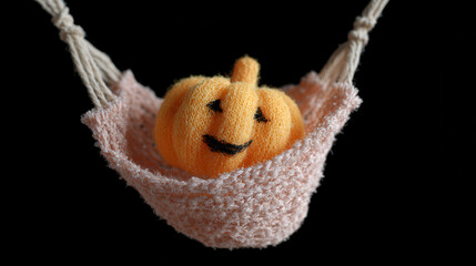 Cute pumpkin in handmade mini hammock on black background