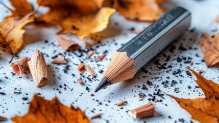 Sharpened graphite pencil rests on white surface among autumn leaves and pencil shavings.