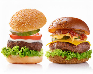 A juicy beef cheeseburger with sesame seed bun, fresh lettuce, tomato, onion, and melted cheese, isolated on a white background
