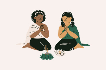 Illustration of Lesbian Couple in Traditional Dress for Loy Krathong Festival