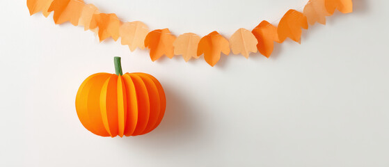 Orange paper pumpkin with garland on white background