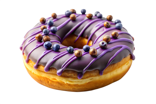 Delicious donut with purple icing drizzle and berry toppings on transparent background Perfect for menus ads and social media graphics