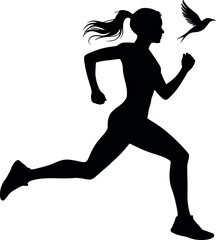 Silhouette of a woman running with a bird flying alongside her