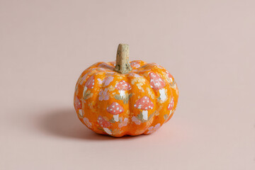 Painted pumpkin with tiny mushrooms on pink background