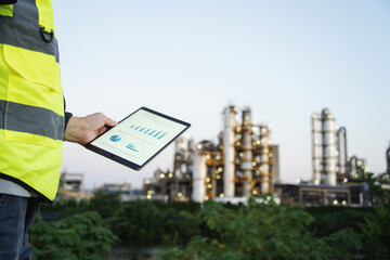 asian engineer working on digital tablet in oil refinery