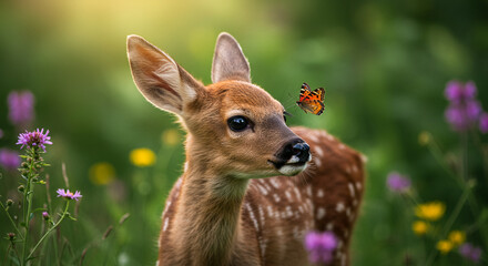 Fototapeta premium Baby deer with a butterfly approaching its nose in a sunny summer meadow