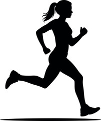 Silhouette of a woman running with her hair in a ponytail on a white background