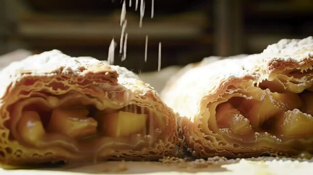 Bakery apple strudel closeup, dusted powdered sugar, blurred background