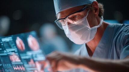 Healthcare professional analyzing medical data on digital screen in modern hospital environment