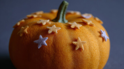 Orange pumpkin decorated with felt star shapes on dark background