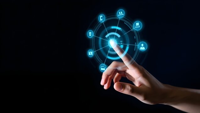 Human finger interacting with futuristic digital interface displaying icons