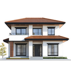 Elegant two story house with tiled roof isolated on black backdrop showcasing modern architectural design