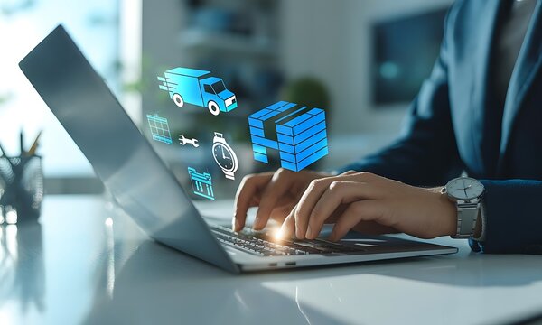 Man Typing on Laptop with Blue Delivery Service Icons Overlay