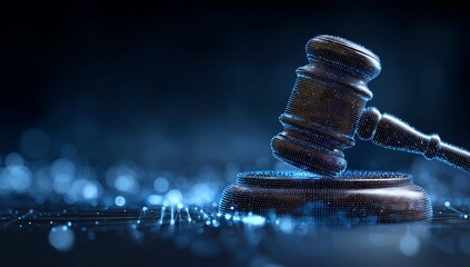 A wooden gavel on top of an electronic circuit board, representing the fusion between traditional justice and modern technology for a digital courtroom history. The background is dark blue