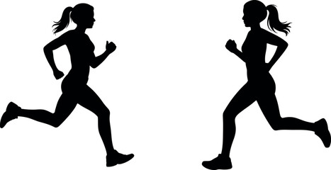 Two female runners in silhouette running side by side against a white background