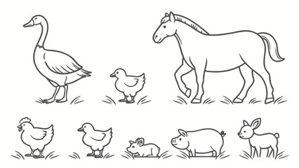 "Minimalist line icon set of farm animals including goose, turkey, chick, duckling, duck, sheep, horse, pig, donkey, and ox, black thin stroke, isolated on white background, flat vector style"

