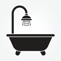 Single icon of a bathtub with shower. Bathroom bathtub sign from the hotel collection. Vector illustration