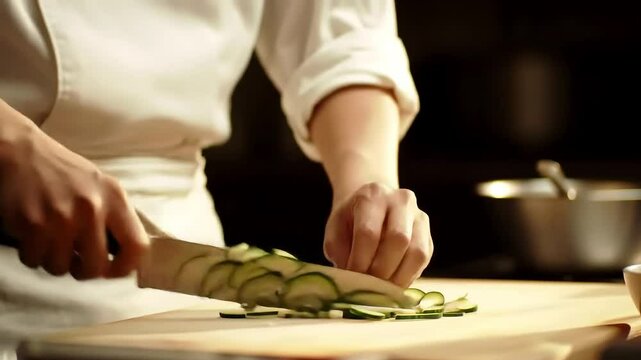 Chef slicing zucchini, kitchen prep