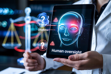 Human oversight in artificial intelligence and ethical dilemmas with scales of justice