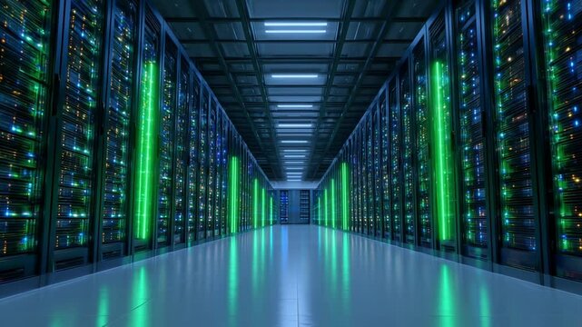 Wander through a futuristic data center where rows of servers pulse with green and blue lights.