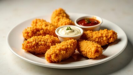 Crispy Fried Chicken Tenders Served with Creamy Dipping Sauce and Spicy Ketchup on a White Plate