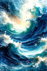 Sunlit Celestial Ocean Waves in Abstract Light, Dreamlike Flow of a Cosmic Sea -Generative AI
