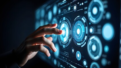 Human hand interacting with a futuristic digital interface displaying glowing blue circular data visualizations