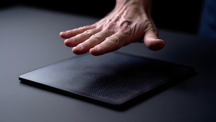 Close up of a human hand hovering over a futuristic digital surface with a grid pattern