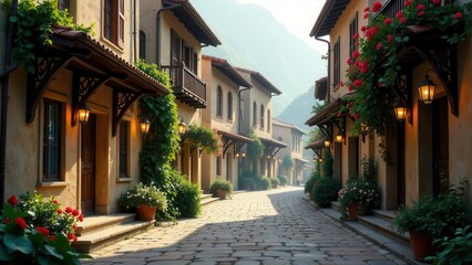 Fototapeta premium Sunlit cobblestone street with charming old-world buildings, adorned with vibrant flowers and warm exterior lighting