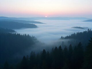 "A high viewpoint looking down over a dense forest basin covered in rolling dawn fog, trees fading into soft layers, gentle pink and blue light from sunrise
