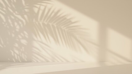 Minimal summer background with natural palm leaf shadow. Pastel colored aesthetic photo with palm plant shadow on the wall and table. Can be used for product presentation.