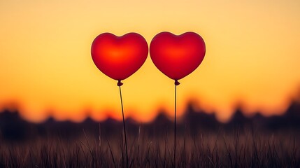 Heart-Shaped Balloons at Sunset Representing Love and Romance in Nature