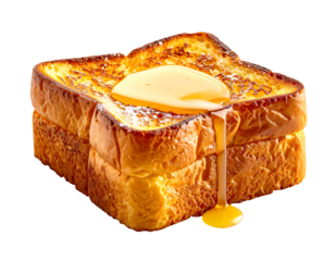 thick brioche french toast stacked and topped with golden syrup, soft custard-like texture breakfast on isolated background
