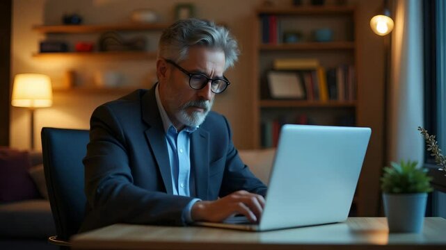 Serious mature man with eyeglasses using laptop at home for hybrid work and online learning, browsing the web, technology concept, empty space on the left side.