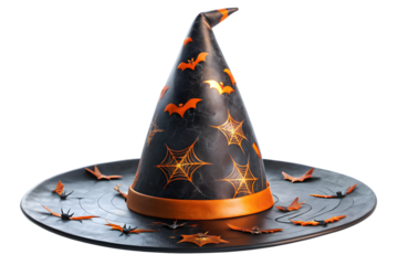 Witch Hat with Bats and Spiderwebs on a Plate on Transparent Background