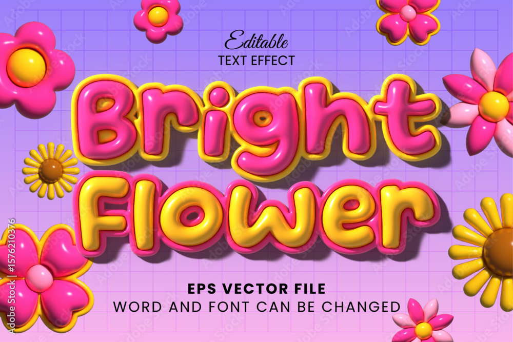 Poster bright flower 3d inflated text effect. glossy inflate vector text effect