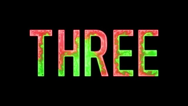 Animation of number 3 with red green neon colors on the outline and isolated on black background. Number Three