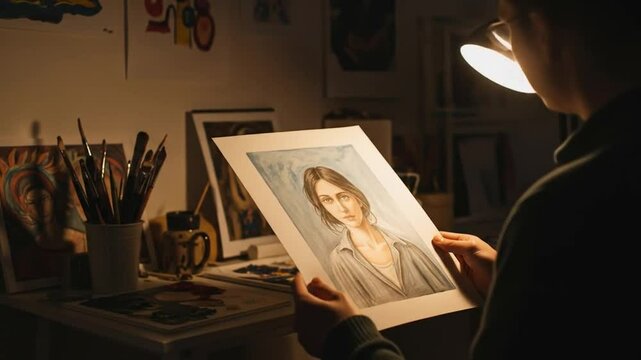 Artist Inspecting Watercolor Portrait of Woman in Studio Setting with Paintbrushes